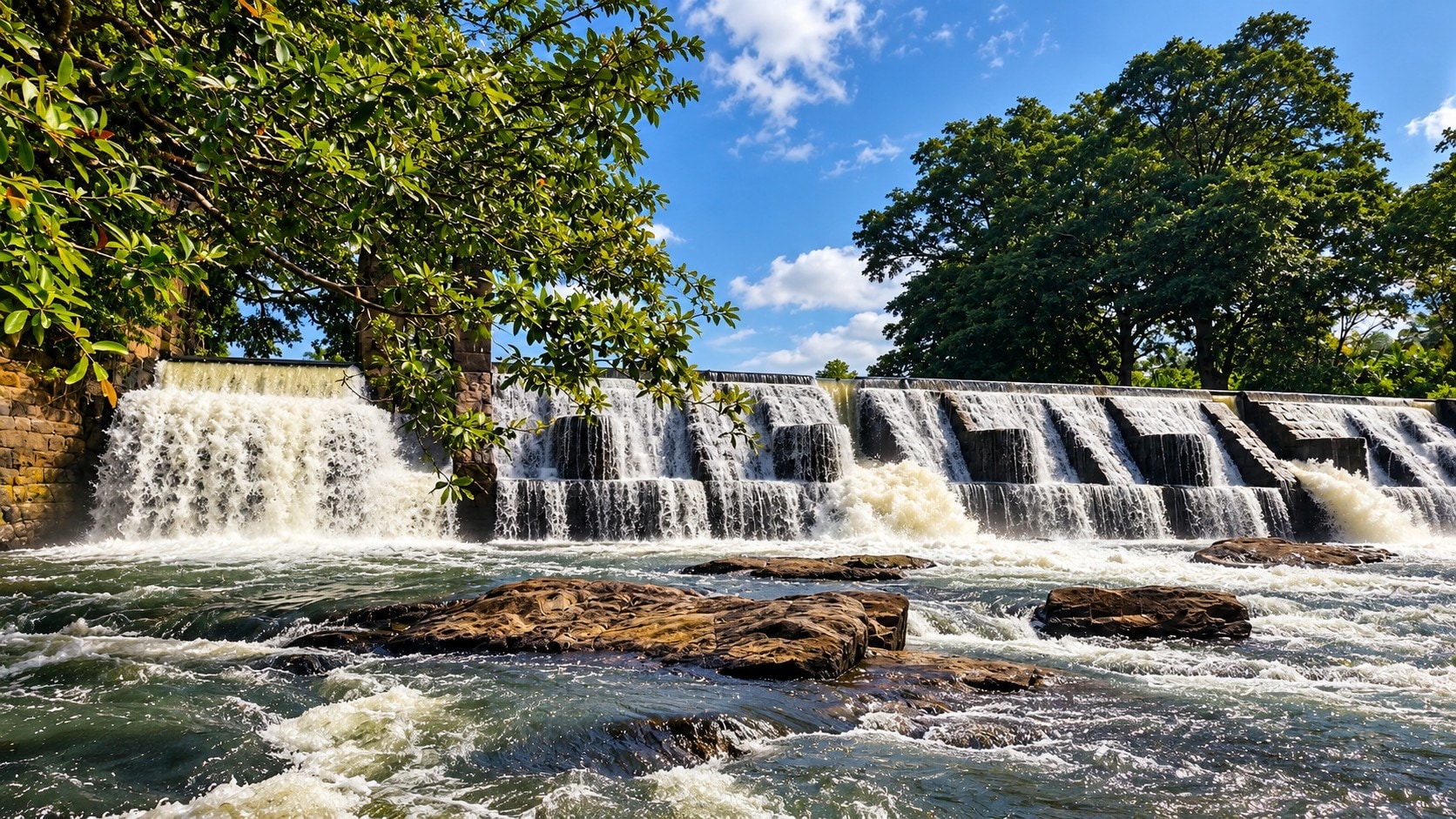 Scenic dam flowing over a rocky weir surrounded by lush green trees