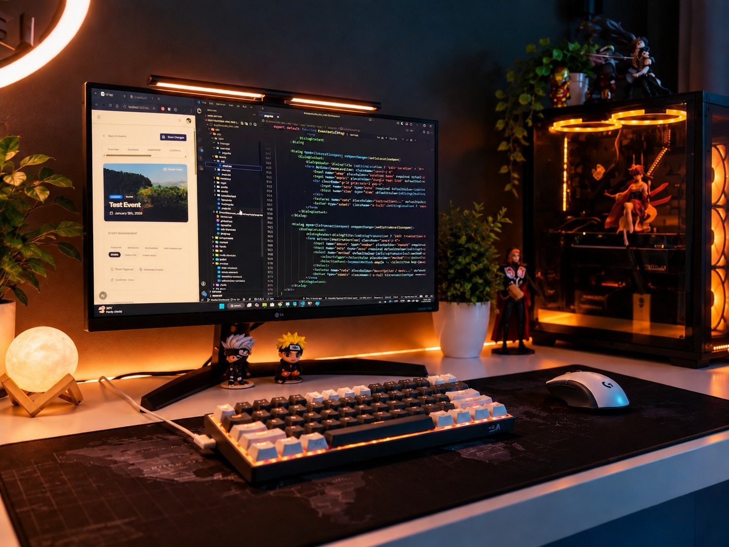 Dark cinematic home workstation with a monitor displaying code, RGB keyboard, mouse, and glowing PC